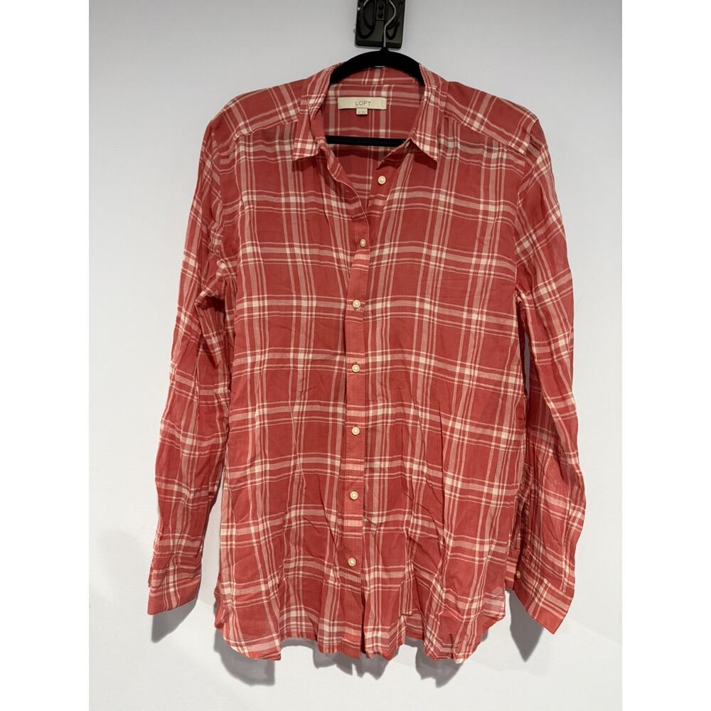 LOFT Ann Taylor XL Shirt Womens Plaid Semi Sheer Coral Long Sleeve Button Up